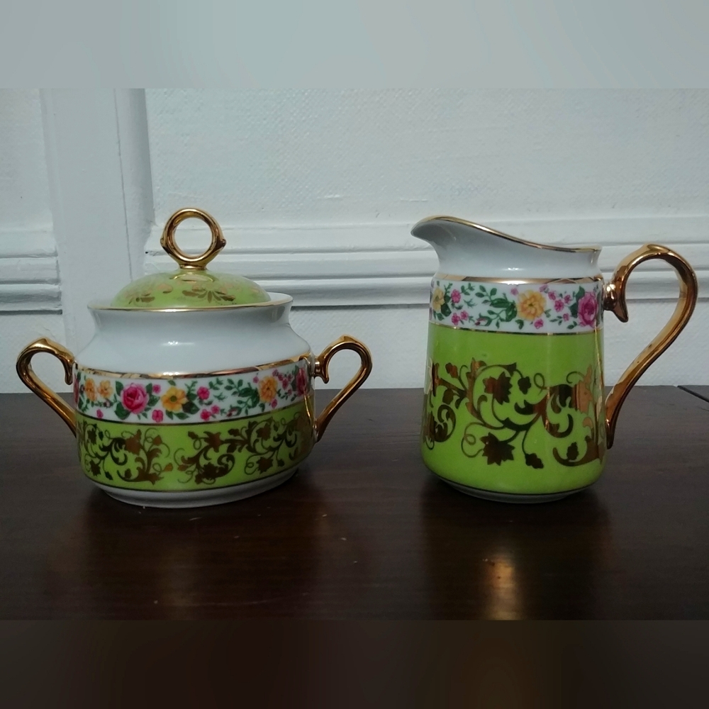 Victorian Trading Company Cream and Sugar Set Floral Green Gold Antique